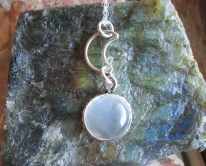 Natural White Moonstone Cabochon Sterling Silver Moon Pendant Necklace