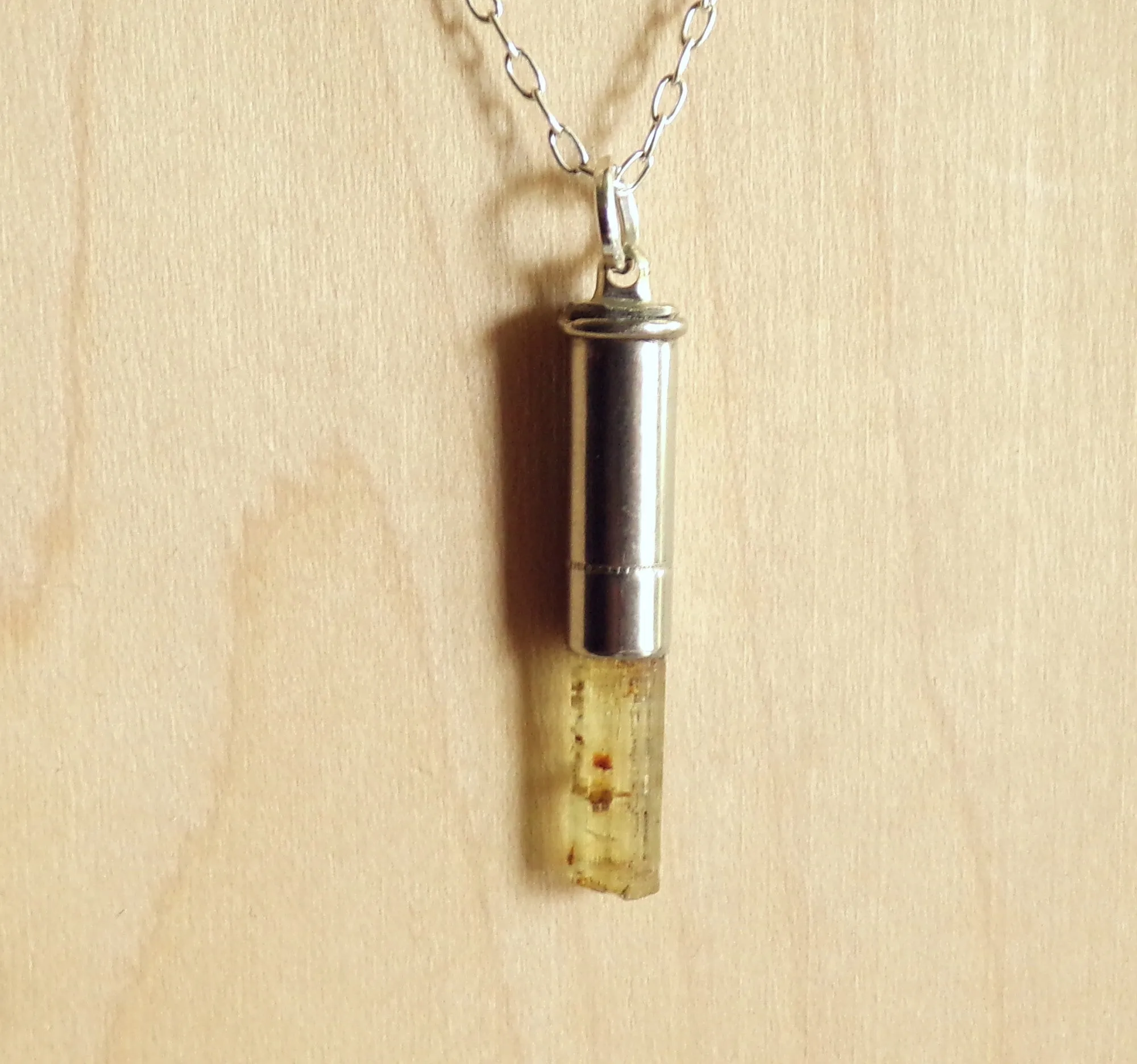 Natural Yellow Heliodor Crystal Bullet Pendant Necklace