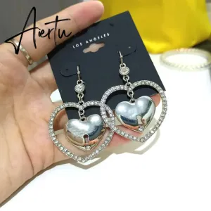 New Korean Shiny Heart Crystal Drop Earrings For Women Fashion Big Love Heart Boucle D'oreille Letter PartyJeweley Gift