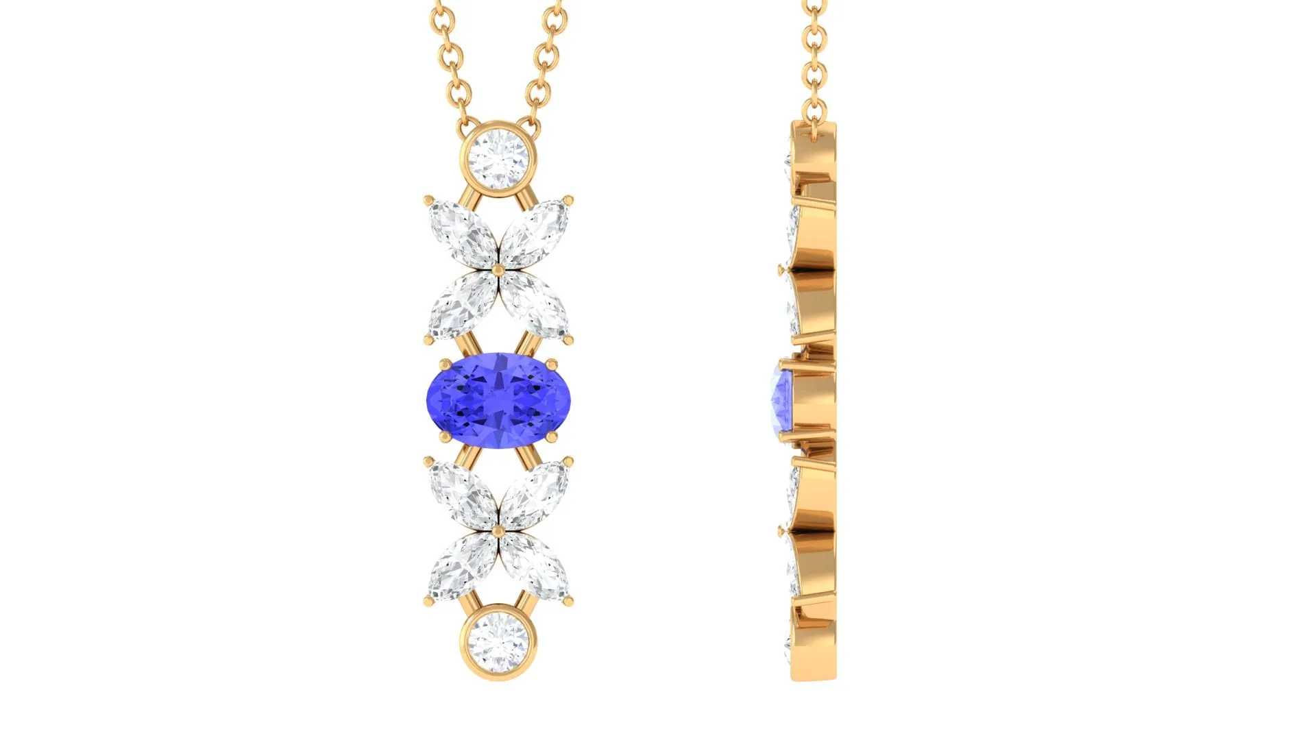 Oval Tanzanite and Diamond Flower Dangle Necklace