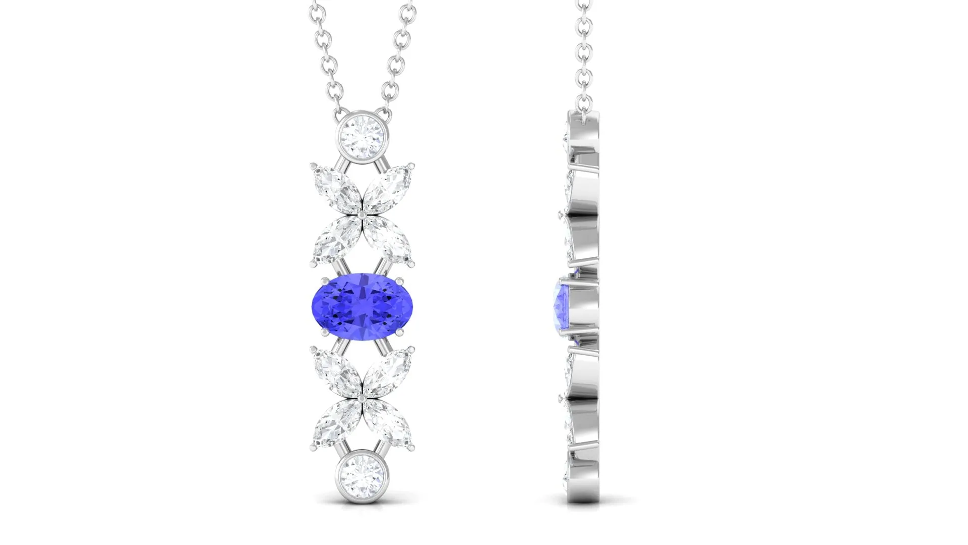 Oval Tanzanite and Diamond Flower Dangle Necklace