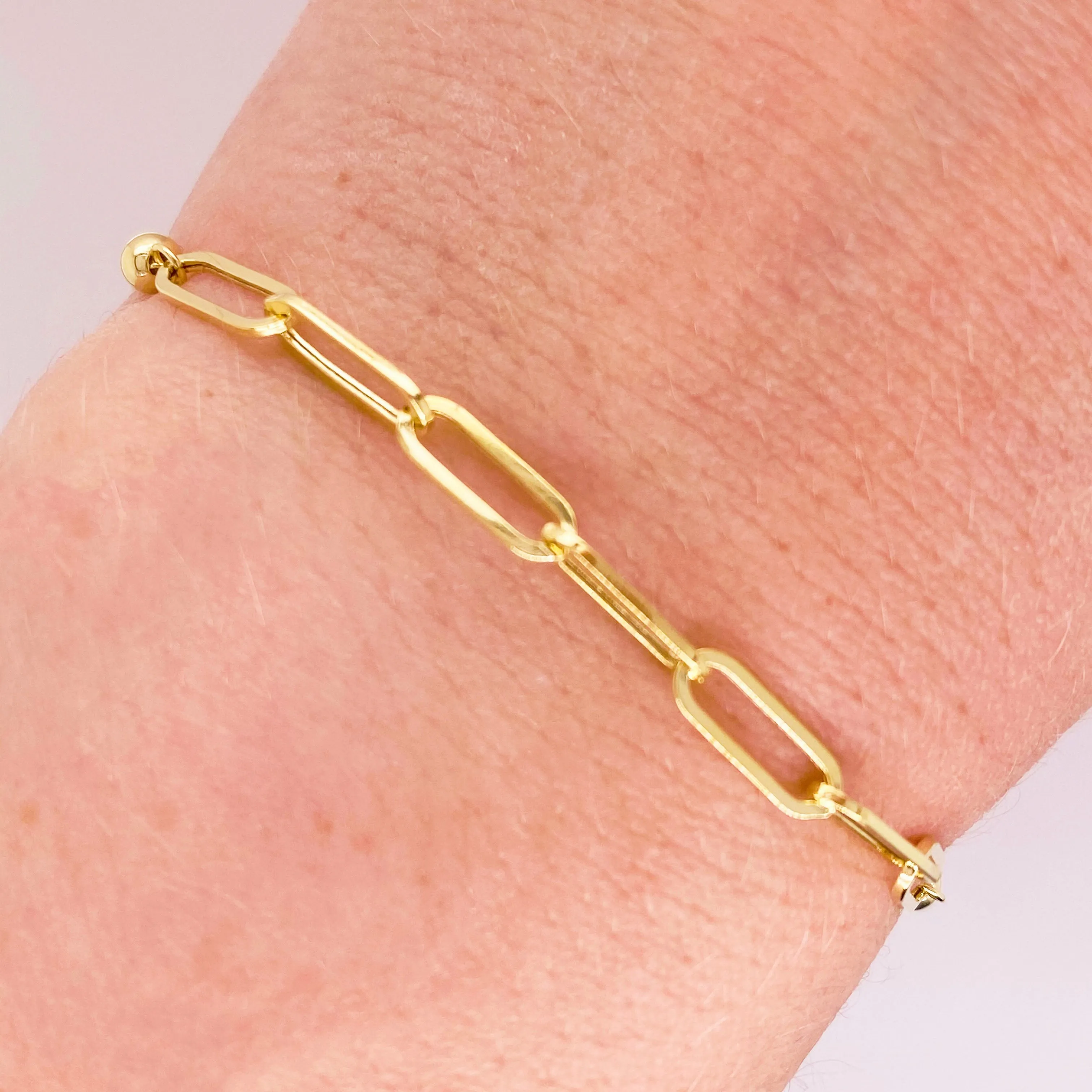 Paper Clip Bracelet with Bolo Adjustable Clasp in 14K Yellow Gold