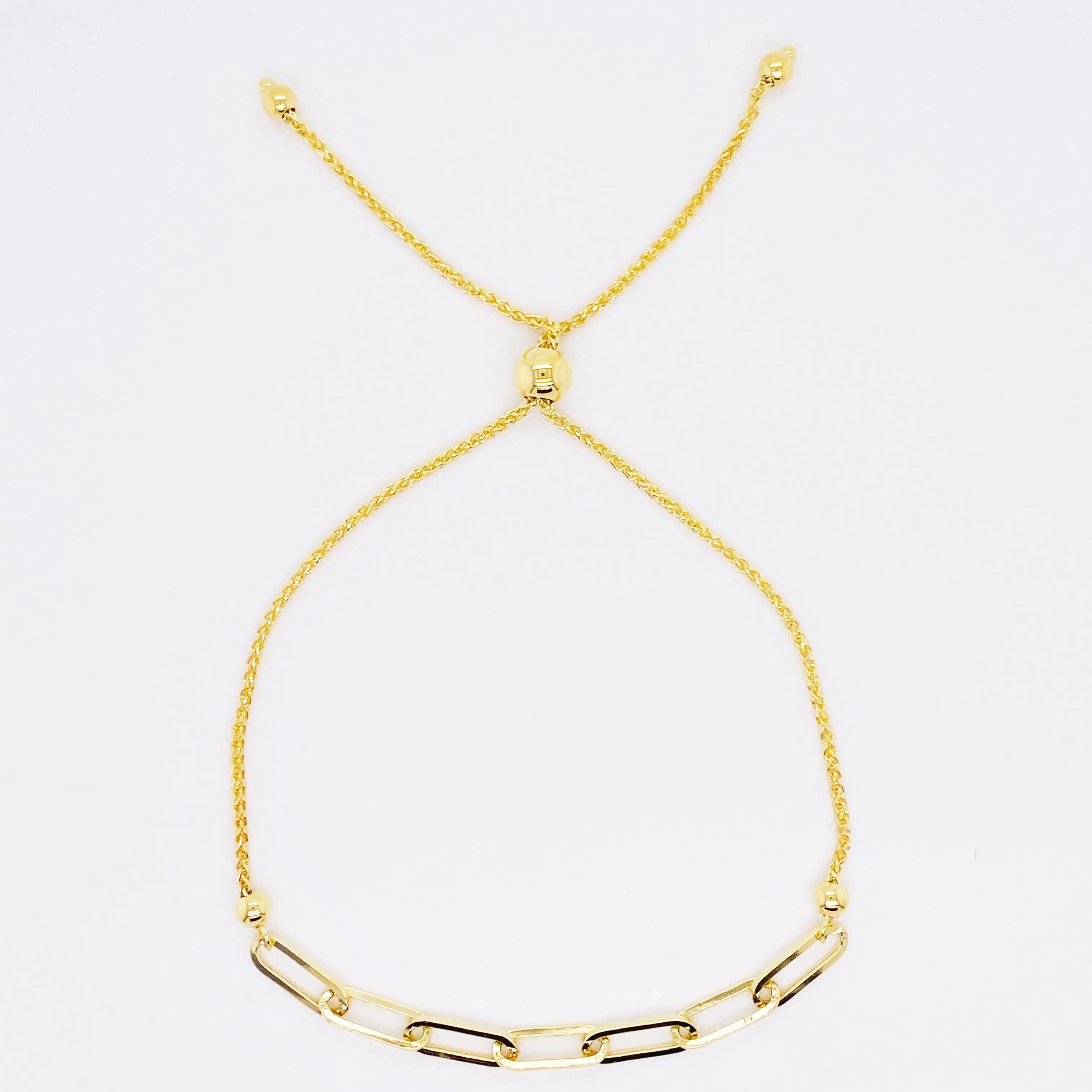 Paper Clip Bracelet with Bolo Adjustable Clasp in 14K Yellow Gold