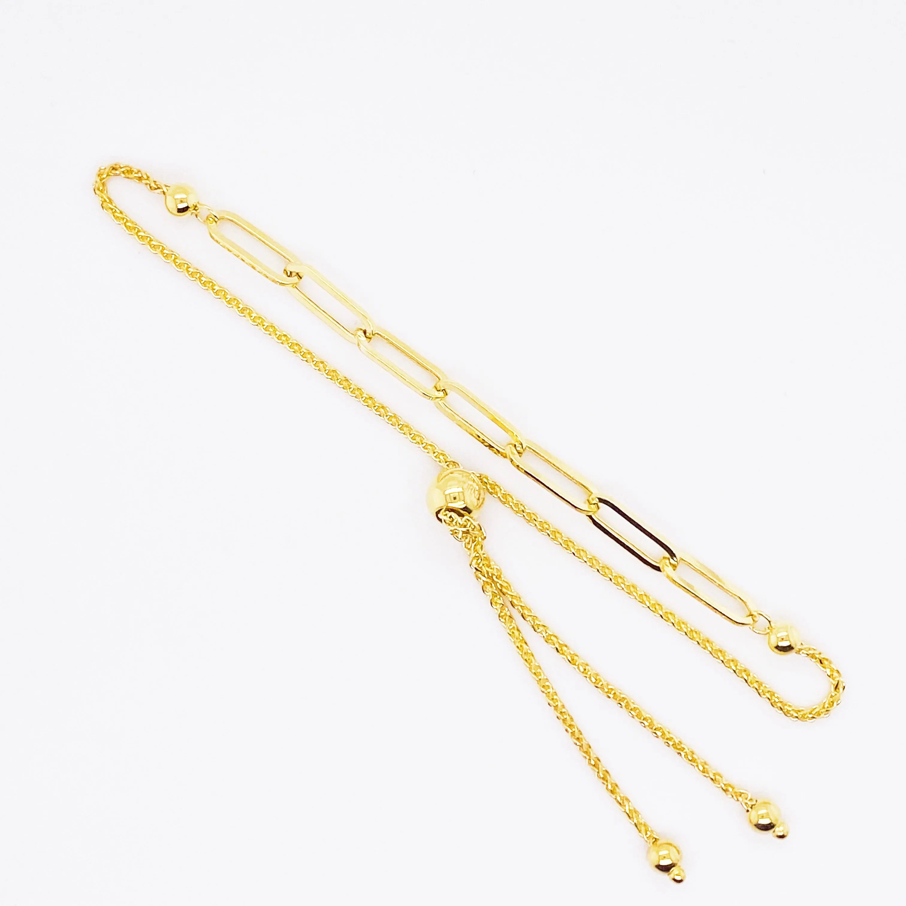 Paper Clip Bracelet with Bolo Adjustable Clasp in 14K Yellow Gold