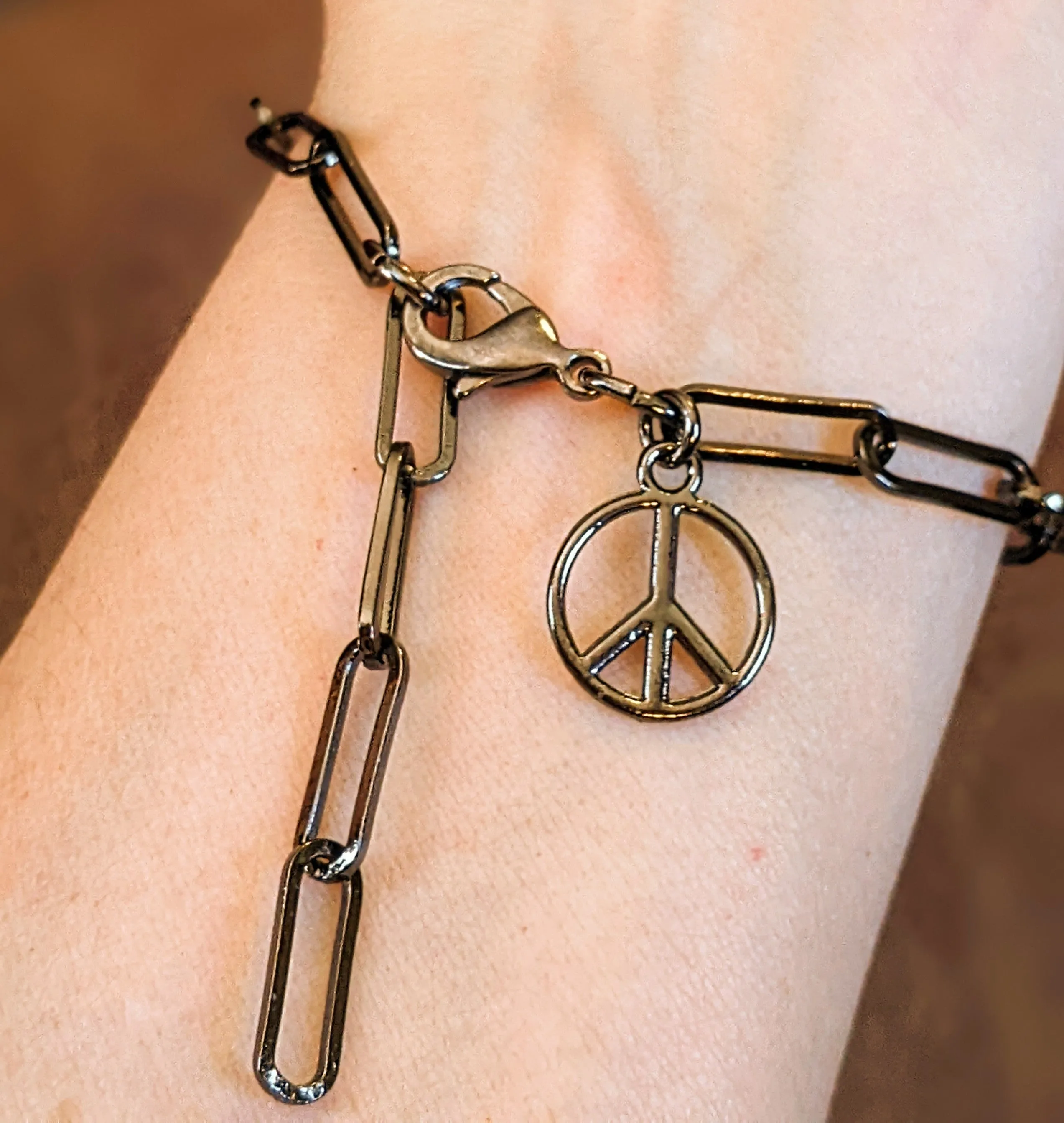 Peace Sign Gunmetal Paperclip Chain Bracelet