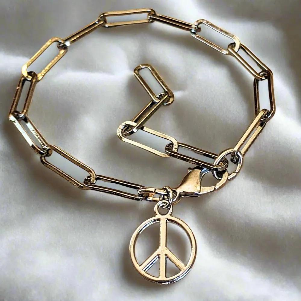 Peace Sign Gunmetal Paperclip Chain Bracelet