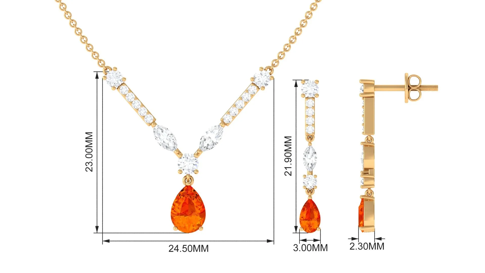 Pear Shape Real Orange Sapphire and Moissanite Jewelry Set