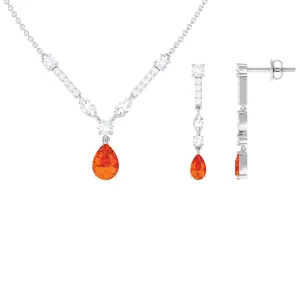 Pear Shape Real Orange Sapphire and Moissanite Jewelry Set