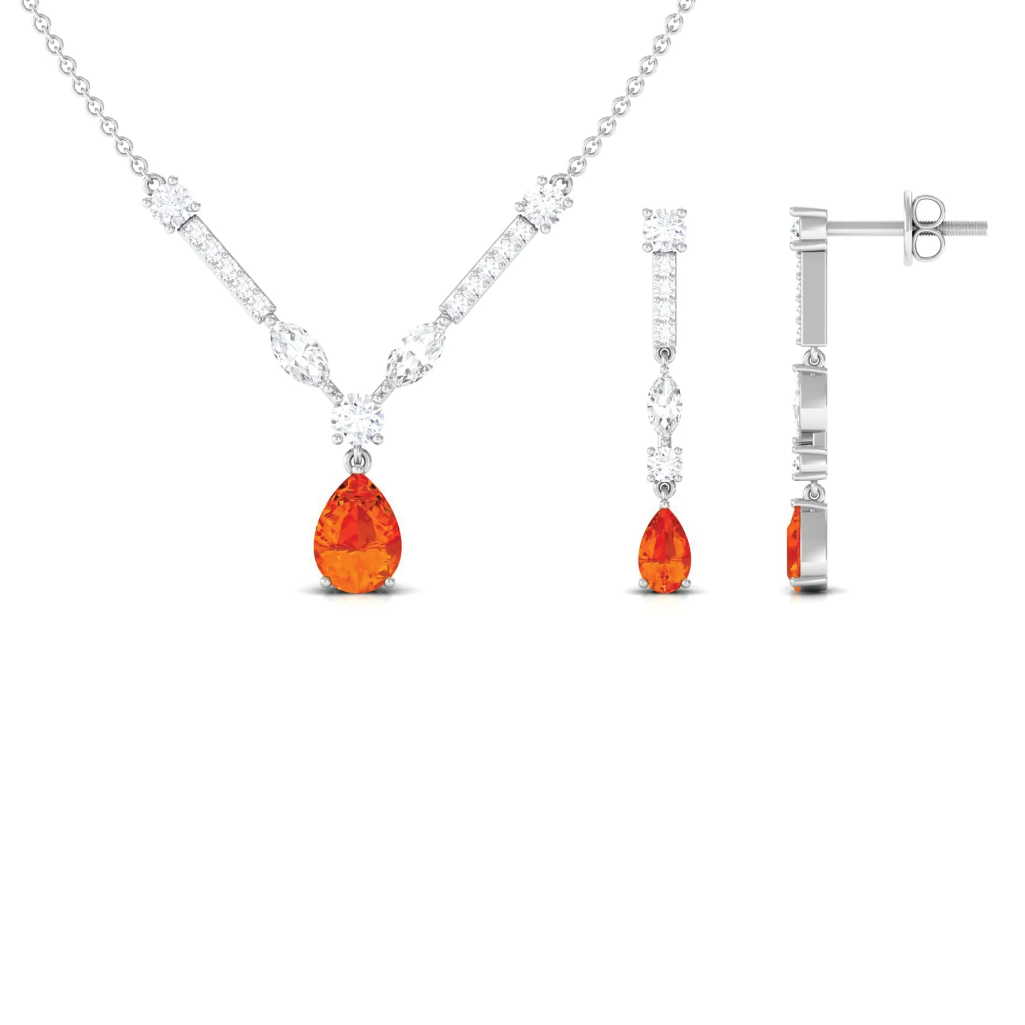 Pear Shape Real Orange Sapphire and Moissanite Jewelry Set