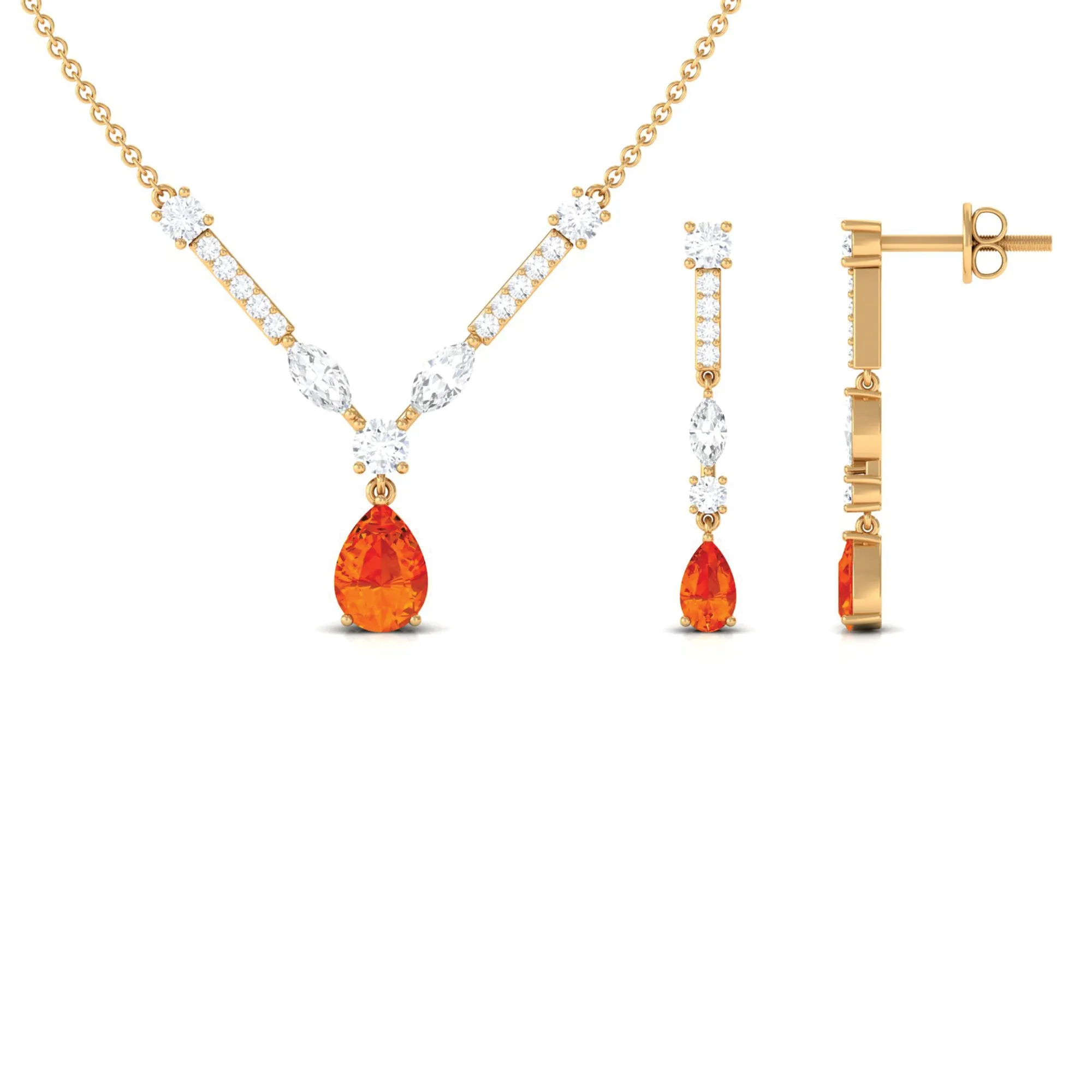 Pear Shape Real Orange Sapphire and Moissanite Jewelry Set