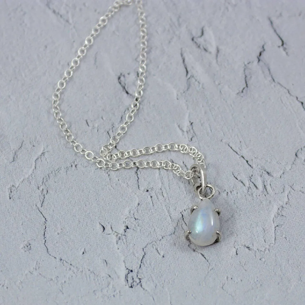 Rainbow Moonstone Pear Pendant Sterling Silver Necklace