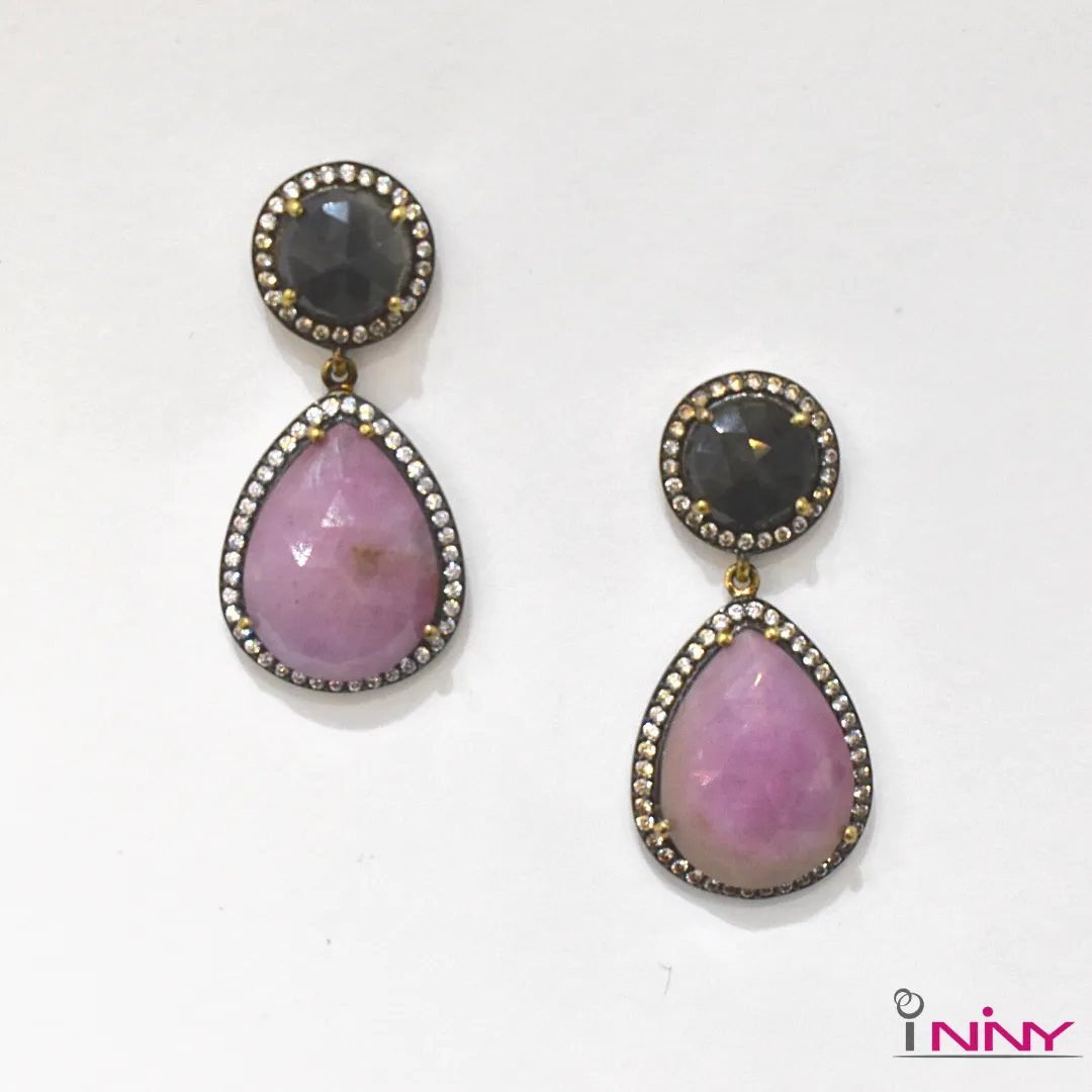 Raw Pink Sapphire Dangling Earrings