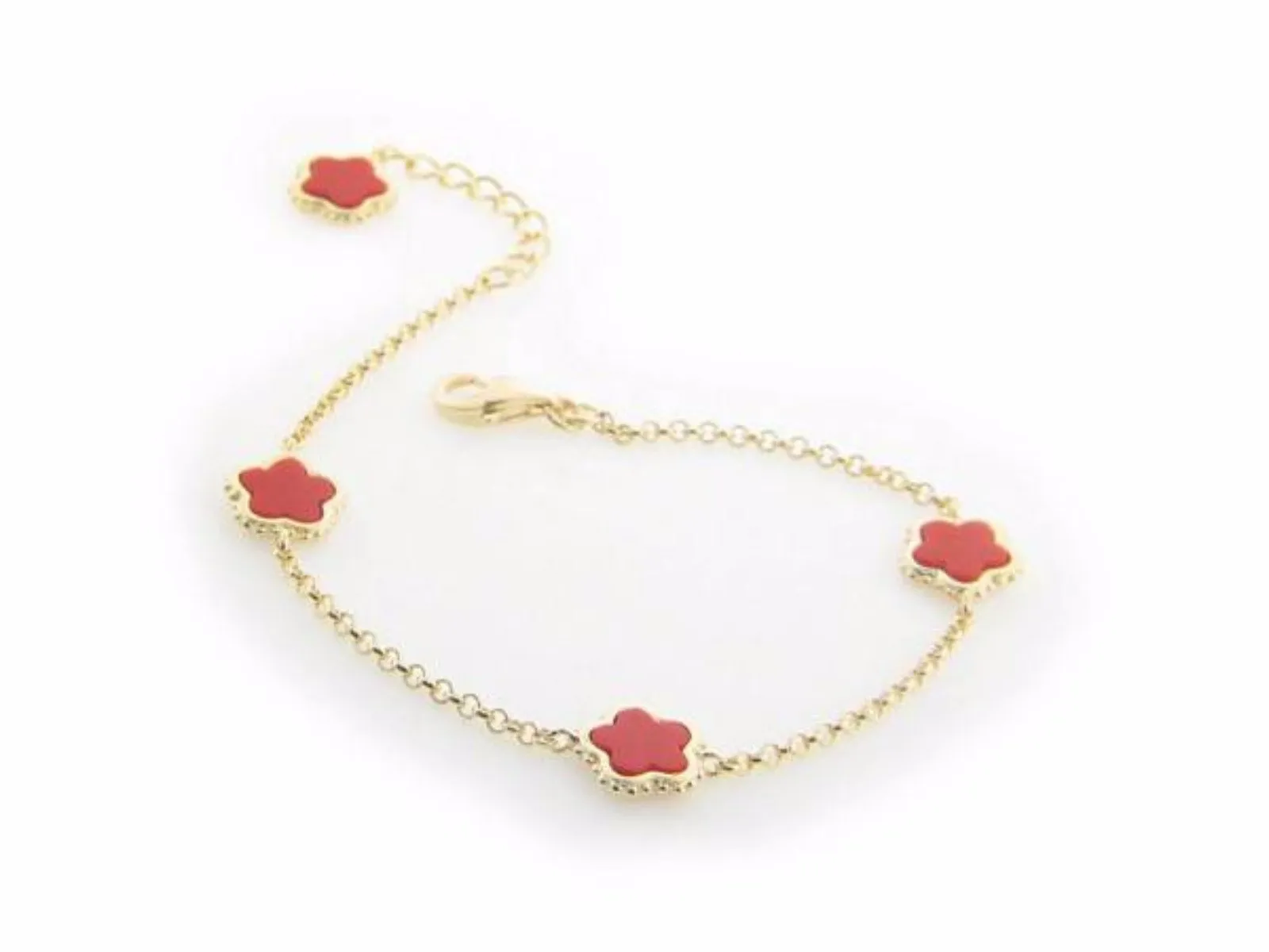 Red Coral Flower Charms Bracelet in Gold Plating, 7"   1" Extender