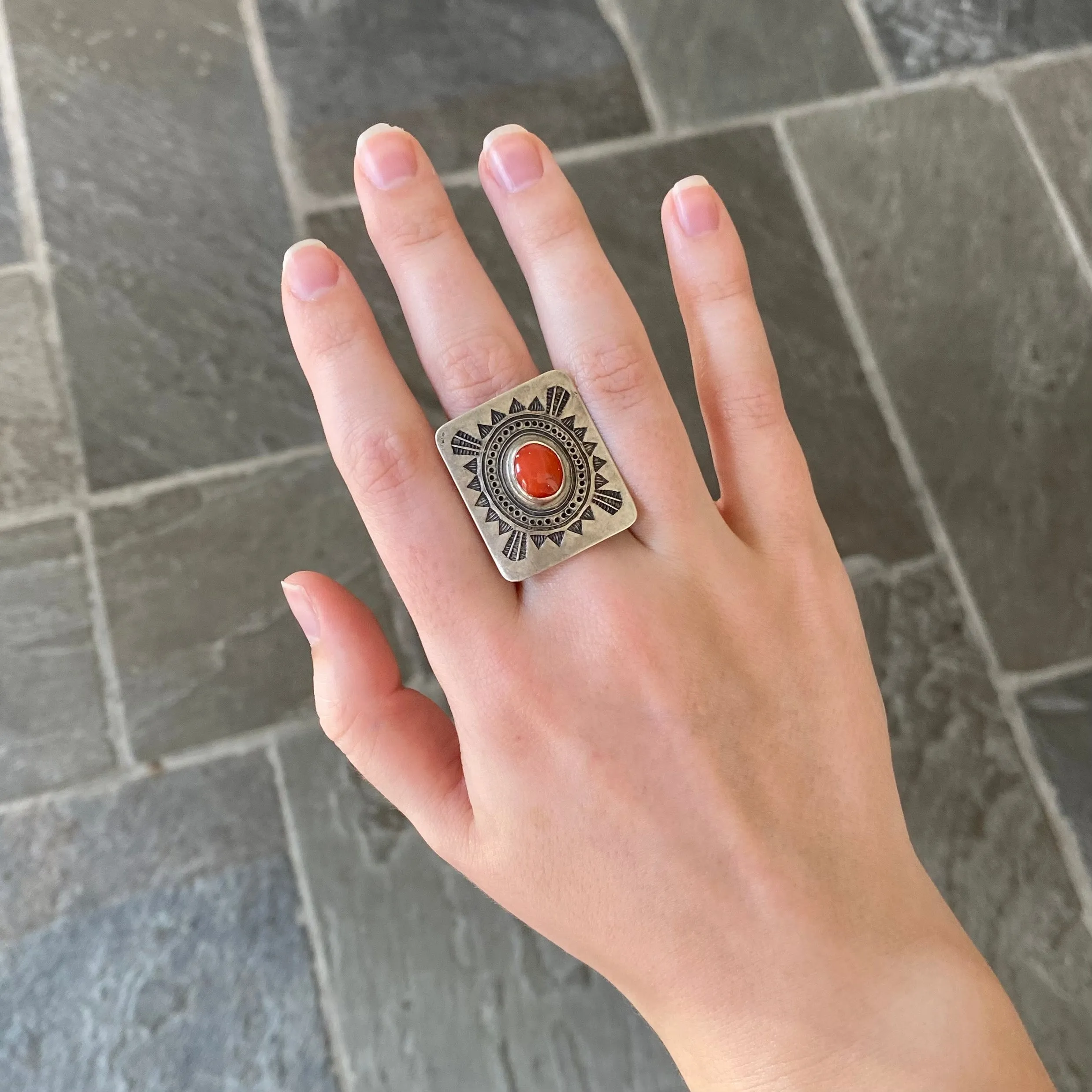 Red Coral Stamped Ring