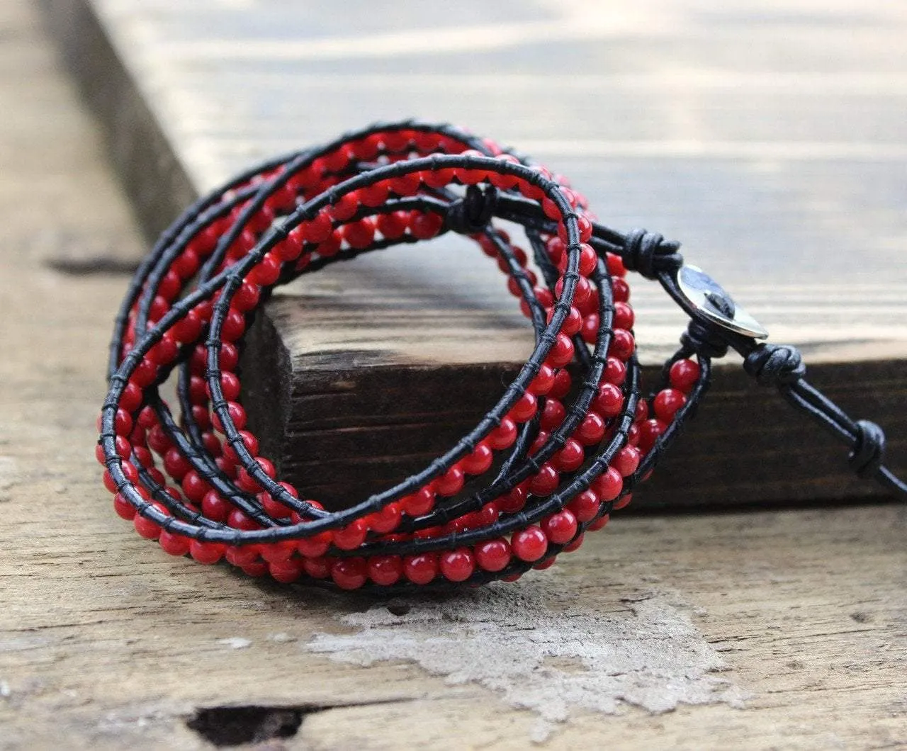 Red Wrap Bracelet on Leather Cord