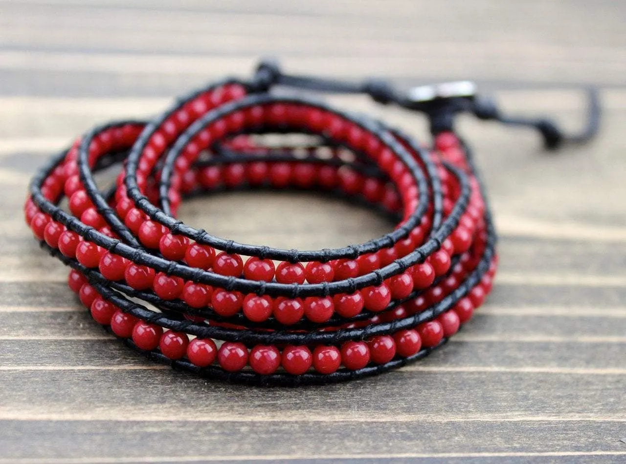 Red Wrap Bracelet on Leather Cord