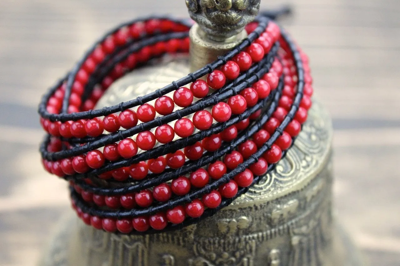 Red Wrap Bracelet on Leather Cord