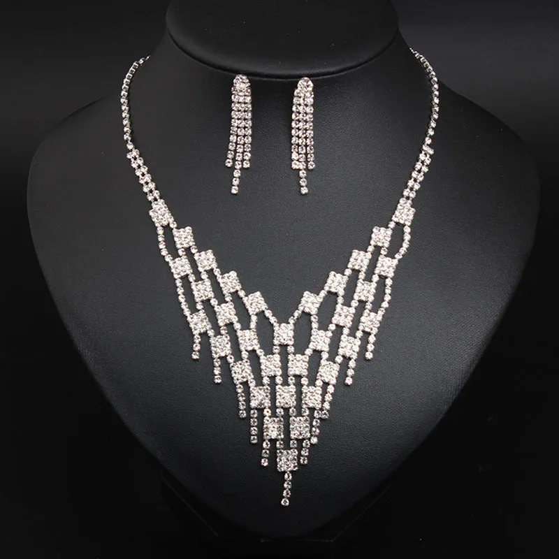 Rhinestone Necklace 2 Piece Bridal Wedding Dress Full Diamond Earrings Set Chain Dinner Party Accessories Necklace