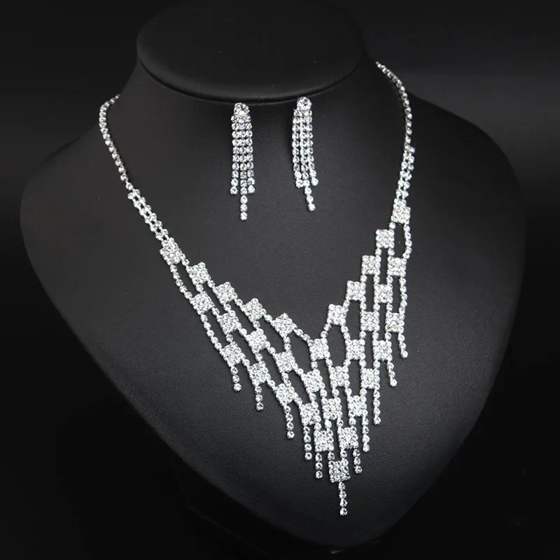 Rhinestone Necklace 2 Piece Bridal Wedding Dress Full Diamond Earrings Set Chain Dinner Party Accessories Necklace