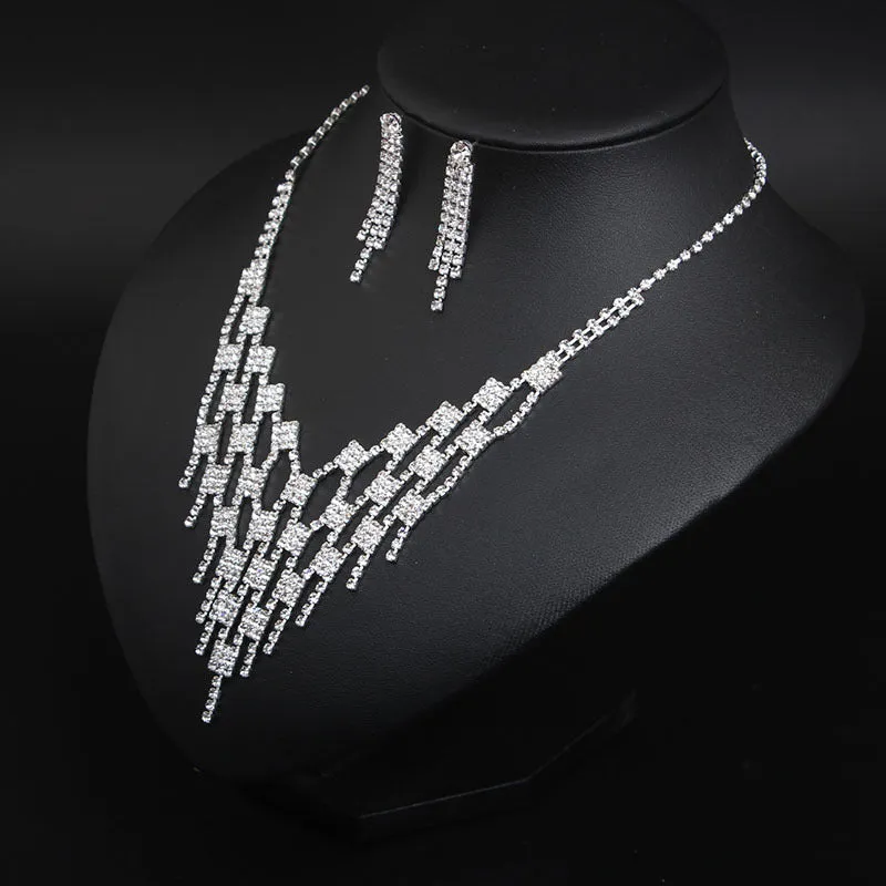 Rhinestone Necklace 2 Piece Bridal Wedding Dress Full Diamond Earrings Set Chain Dinner Party Accessories Necklace