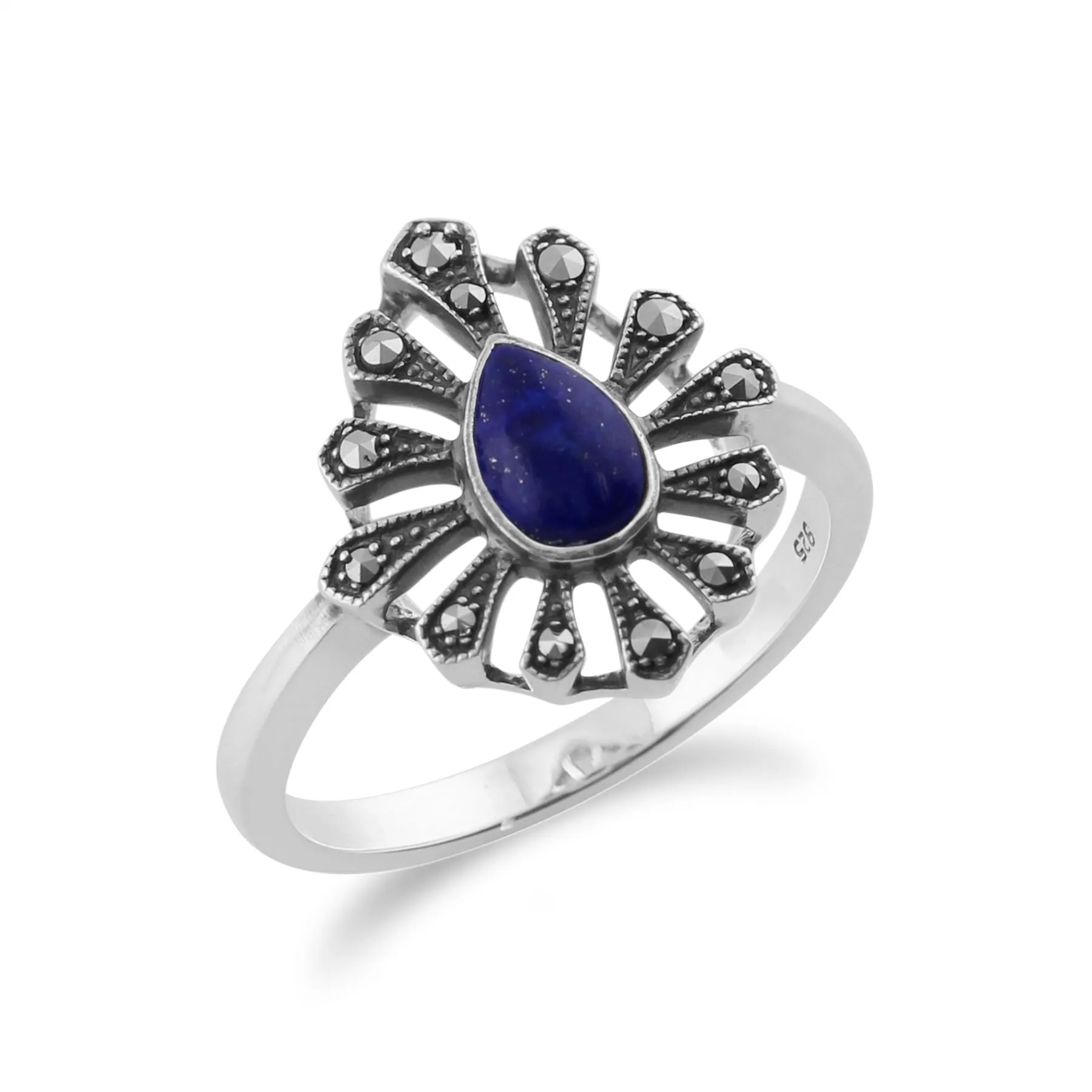 Silber 0.30ct Lapislazuli & Markasit Kunst Deko Ring