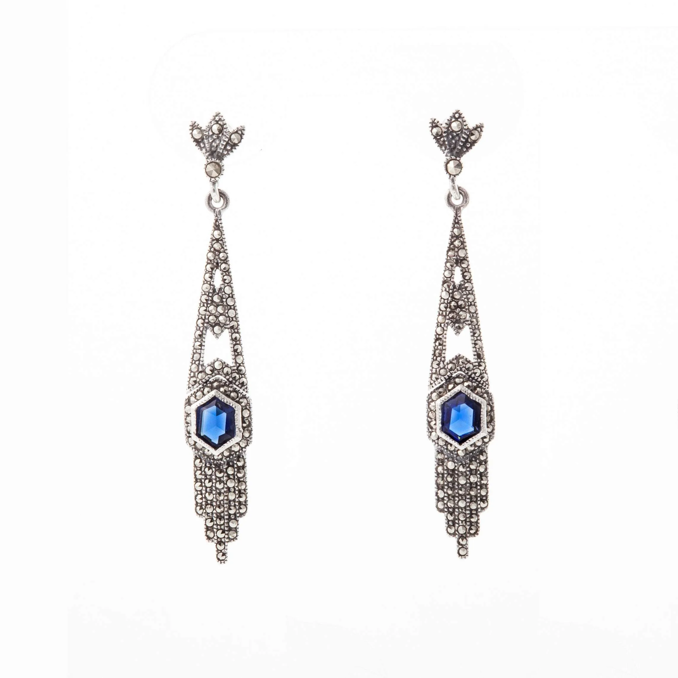 Silver Marcasite Art Deco Style Sapphire Royal Blue Earrings