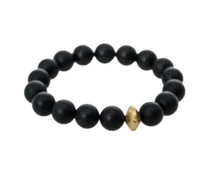 Sisco   Berluti Beaded Bracelet - Black Matte Round Beads with Gold Disc Accent