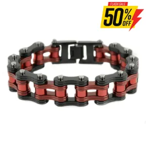 SK1831 Two Tone Black Candy Red Rollers 3/4" Wide Double Link Design Unisex Stainless Steel Motorcycle Chain Bracelet