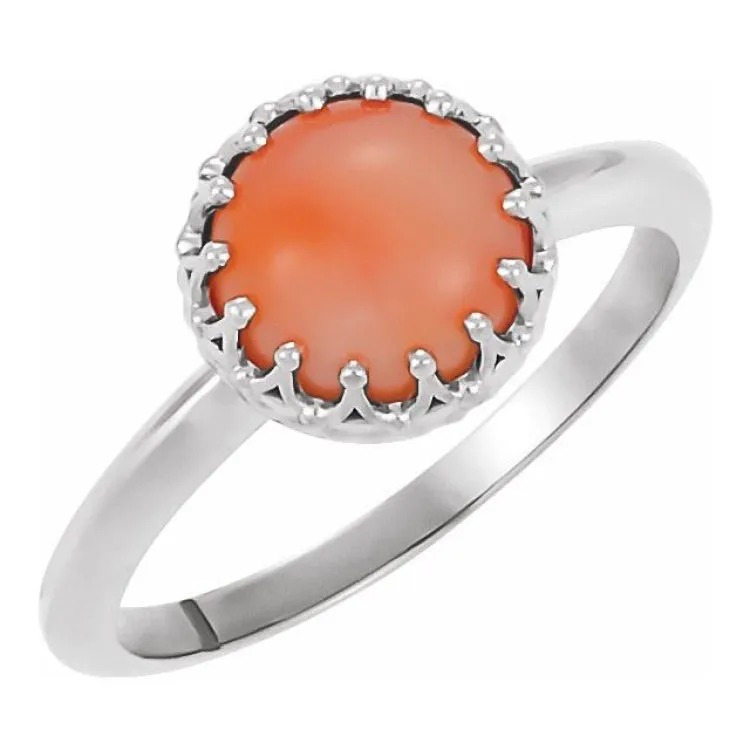 Sterling Silver 5 mm Natural Pink Coral Crown Cabochon Ring