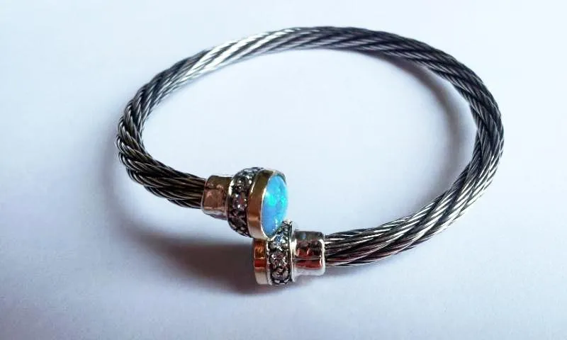 Sterling Silver & Gold Flexible Cuff Bracelet set with Opals,  Bracelets for Woman