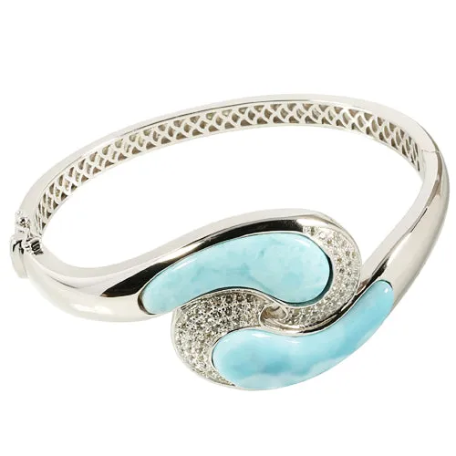 Sterling Silver Larimar Wave with CZ Bangle Bracelet