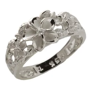 Sterling Silver Rhodium Plated Hawaiian Scroll Three Plumeria with CZ Ring