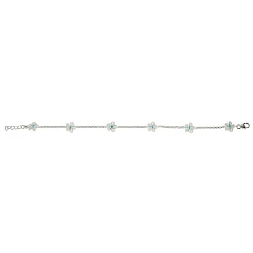 Sterling Silver Rope Chain Plumeria with Blue CZ Links Bracelet