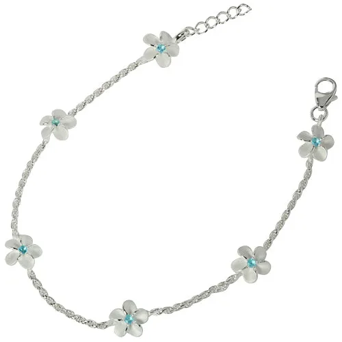 Sterling Silver Rope Chain Plumeria with Blue CZ Links Bracelet