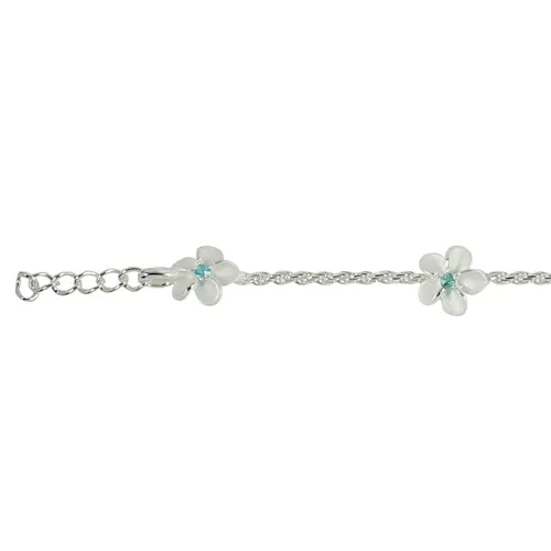 Sterling Silver Rope Chain Plumeria with Blue CZ Links Bracelet