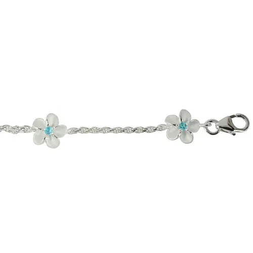 Sterling Silver Rope Chain Plumeria with Blue CZ Links Bracelet