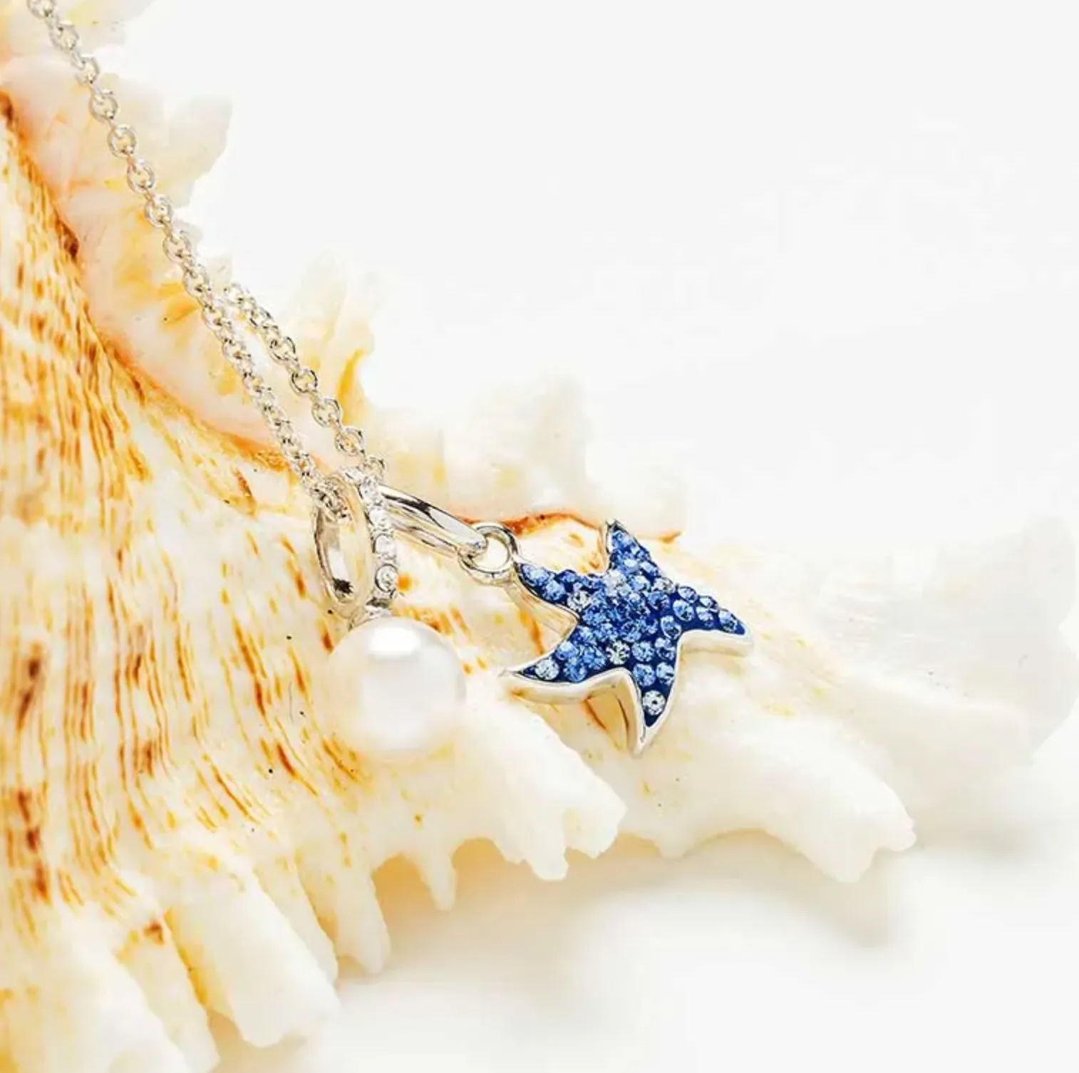 Sterling Silver Sapphire/Aqua Crystal/Pearl Star Fish Necklace