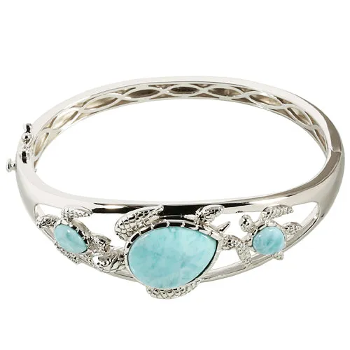 Sterling Silver Three Larimar Turtle Bangle Bracelet