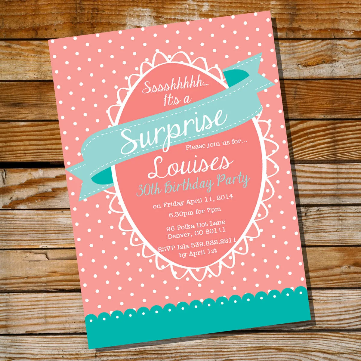 Surprise Birthday Invitation | Coral and Teal Invite Template