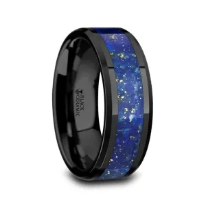 Thorsten MARLOW Black Ceramic Wedding Band with Blue Lapis Inlay & Beveled Edges - 8mm