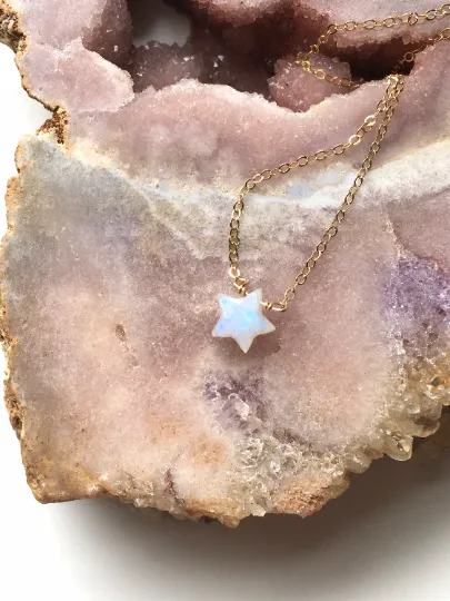 Tiny Rainbow Moonstone Star Mini Layering Crystal Necklace