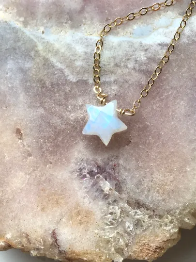 Tiny Rainbow Moonstone Star Mini Layering Crystal Necklace