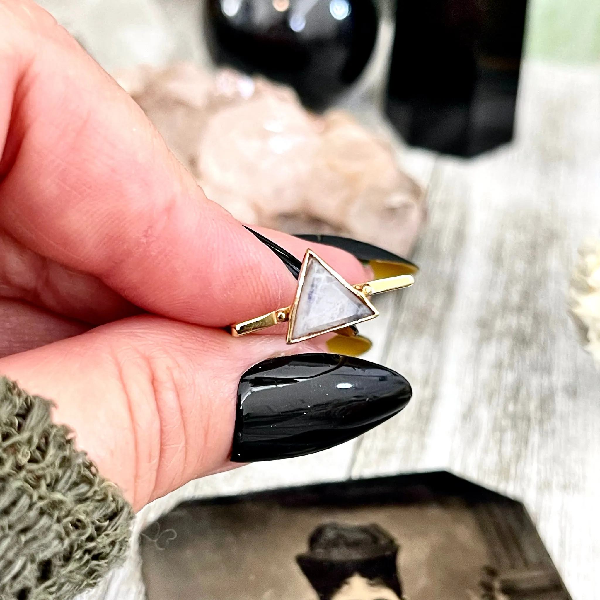 Triangle Rainbow Moonstone Statement Ring Set in Brass  Size 6 7 8 9 10 / Curated by FOXLARK Collection