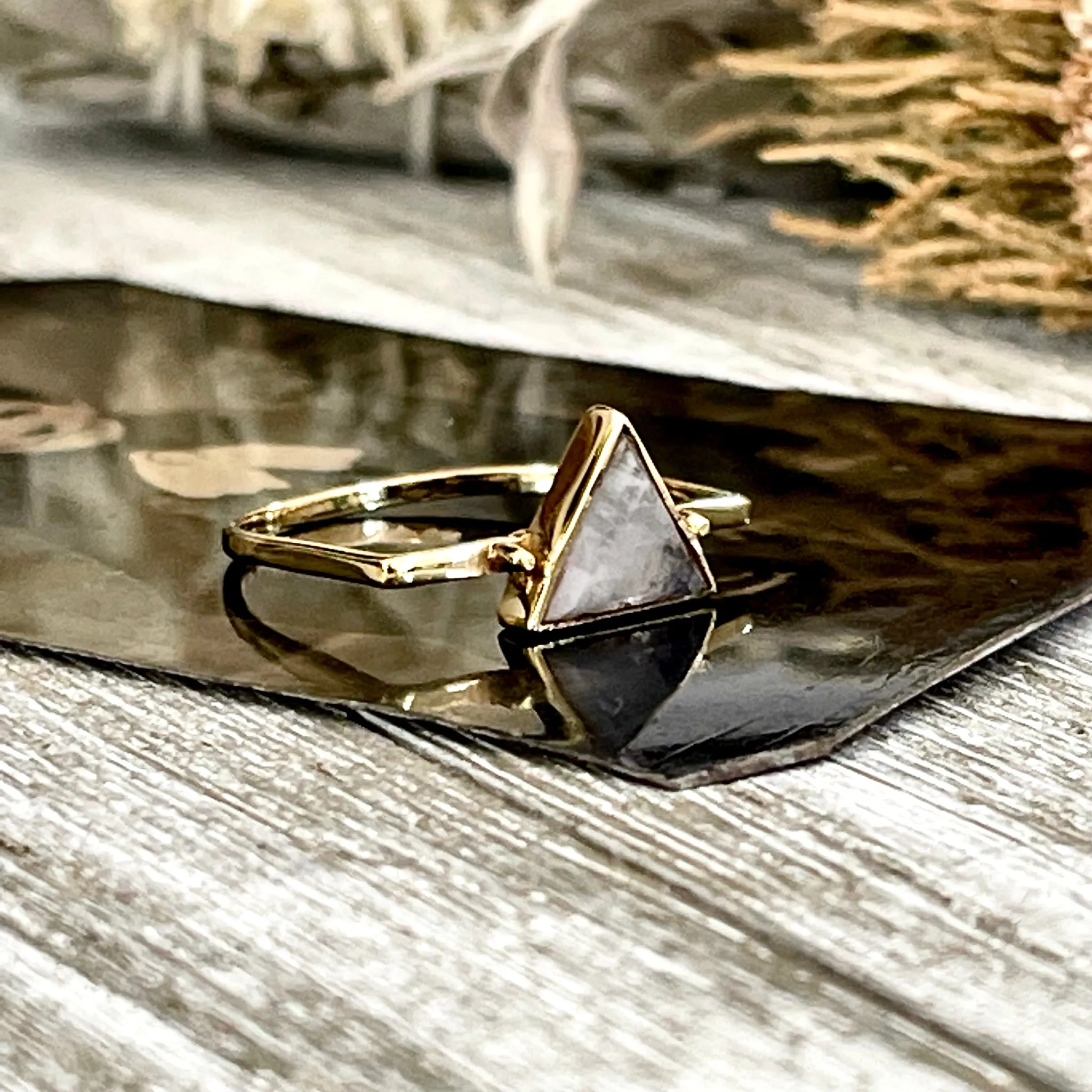 Triangle Rainbow Moonstone Statement Ring Set in Brass  Size 6 7 8 9 10 / Curated by FOXLARK Collection