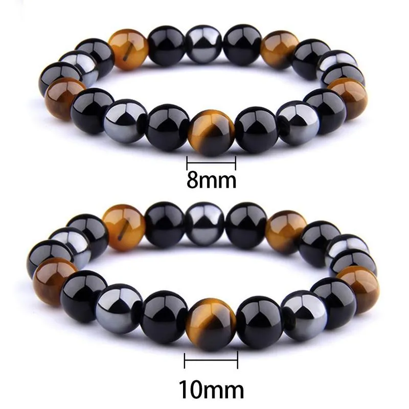 Triple Protection Tiger Eye Crystal Hematite Black Obsidian Onyx Stone Bead Bracelet