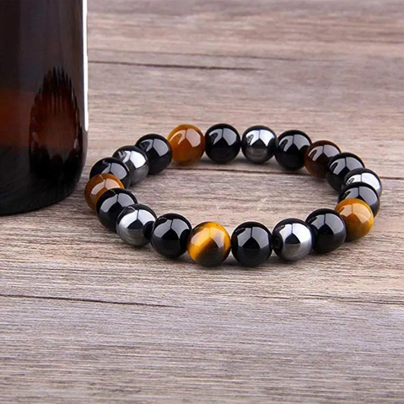 Triple Protection Tiger Eye Crystal Hematite Black Obsidian Onyx Stone Bead Bracelet