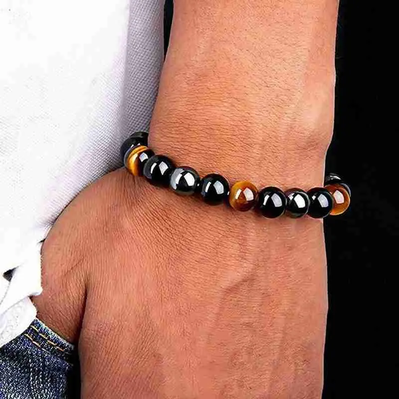 Triple Protection Tiger Eye Crystal Hematite Black Obsidian Onyx Stone Bead Bracelet