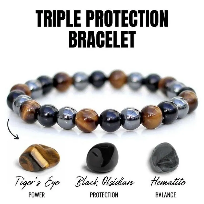 Triple Protection Tiger Eye Crystal Hematite Black Obsidian Onyx Stone Bead Bracelet