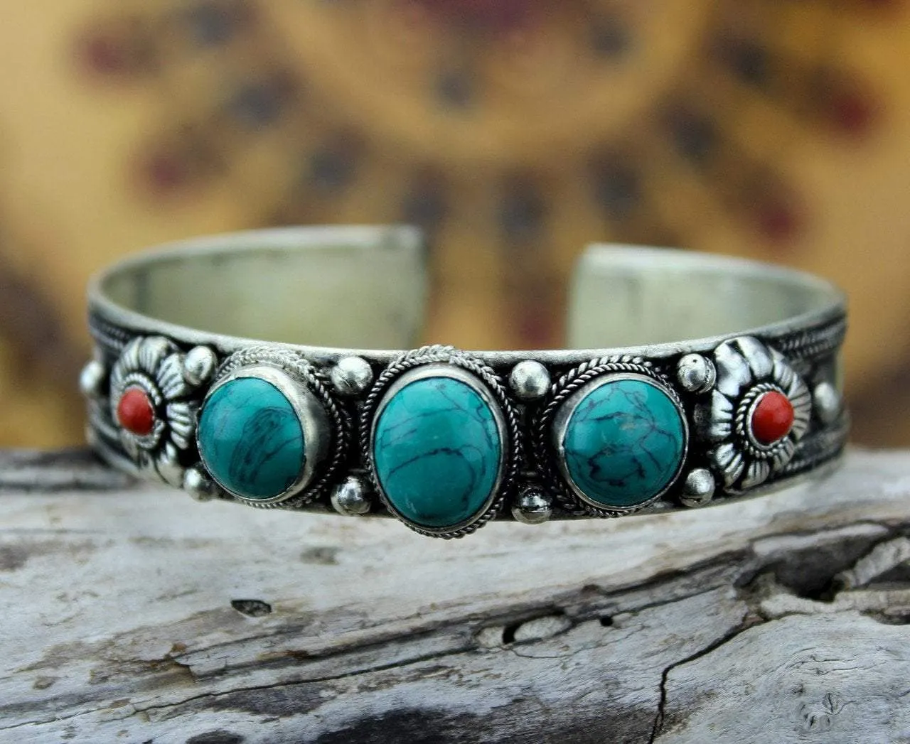 Turquoise and Coral Flower Bracelet