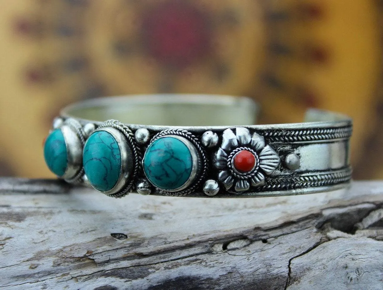 Turquoise and Coral Flower Bracelet